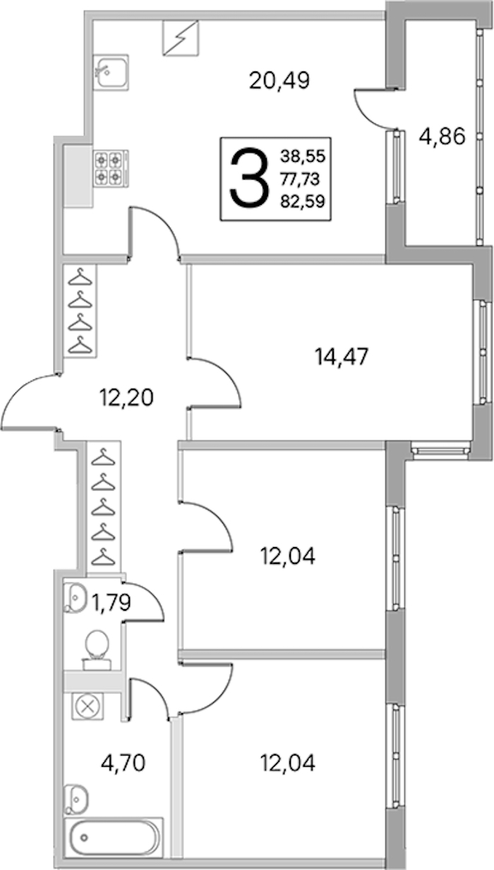 3-комнатная квартира 77.73 м², 1/5 эт., ЖК «ЮгТаун. Олимпийские кварталы»